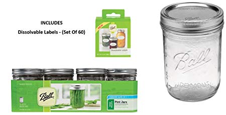 Ball Mason PINT Jars Wide-Mouth Can or Freeze with Lids and Bands, Set of 12, Dissolvable Labels - (Set Of 60)