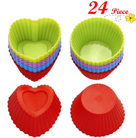 Chefaith 24-Pcs Reusable Silicone Baking Cups, Cupcake Liners, Muffin Cups [12 Heart-Shaped & 12 Round Cups, Each with 4 Colors] - Non-Stick, Heat Resistant (Up to 480°F) Mini Baking Molds, Food Grade