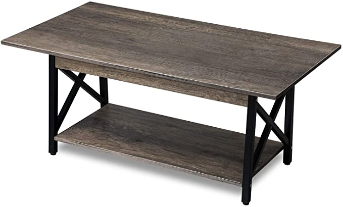 GreenForest Coffee Table Industrial Metal Legs with Storage Shelf for Living Room 43.3" x 23.6", Easy Assembly, Dark Walnut