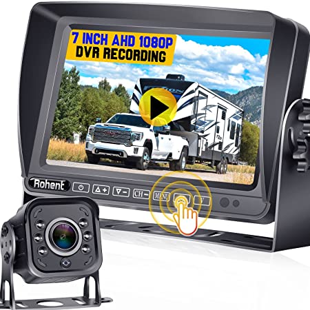 RV Backup Camera Wired HD 1080P 7 Inch Monitor DVR Recording Touch Button Split Screen Two Channels Rear View Reverse Cam System Waterproof Infrared for Car Truck Travel Trailer Camper Rohent N04