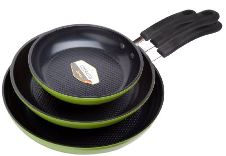 Green Earth Frying Pan 3-Piece Set by Ozeri 8 10 12 with Textured Ceramic Non-Stick Coating from Germany 100 PTFE PFOA and APEO Free