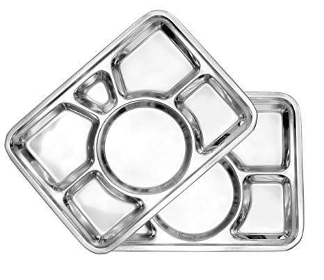 Cafeteria Mess Trays (2-Pack); Stainless Steel 16 In. x 11 In. Rectangular 6-Compartment Divided Plates/Cafeteria Food Trays