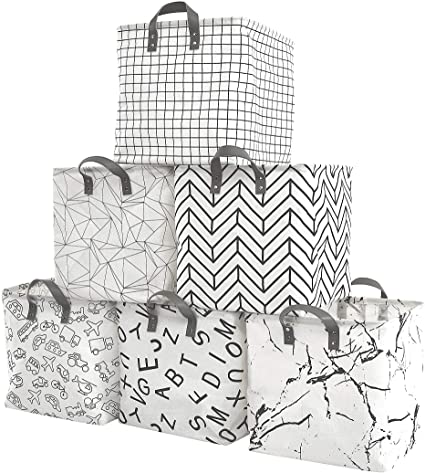 DECOMOMO Set of 6 | Foldable Storage Bin | Water Resistant Fabric Container with Handles | Strong Canvas Great for Nurseries, Closets, Bathroom, Toys, Blankets | Home Décor, Practical & Gift (Patterned, 13" Cube - Extra Thick)