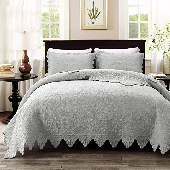 Brandream Luxury Farmhouse Bedding Set Grey Quilt Set Queen Size 100% Cotton Quilted Bedspread Coverlet Set(90 x 96)