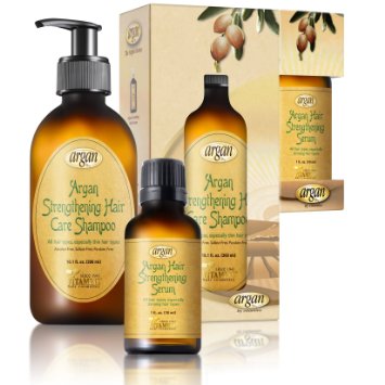 Argan Hair Strengthening Shampoo and Serum Kit - Premium Set to Promote Healthy Full and Shiny Hair - Moroccan Sulfate Free Shampoo 101 oz and Argan Serum 10 oz
