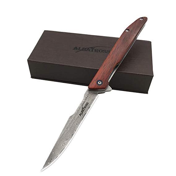 ALBATROSS EDC Thin VG10 Damascus Camping Folding Pocket Knife; 3.5" Damascus Blade, 4.5" Yellow Sandalwood Handle,Gifts Box/Collections (HGDK025)