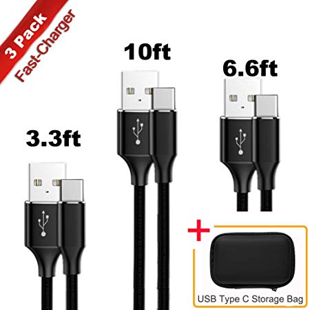 USB C Cable, Type C Cable 3.3FT 6.6FT 9.9FT(3 Pack) High Speed Nylon Braided Cord USB A to Type C Fast Charger for Google Pixel 2XL, Huawei, Samsung Galaxy S10 S9 Note 10 9, Moto Z, LG V20 G5(Black)