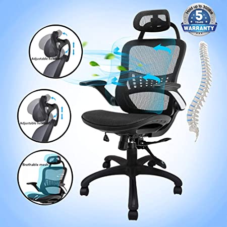 Komene Ergonomic Mesh Office Chair,High Back Computer Chair,Adjustable Height Swivel Home Desk Chair with Lumber Support and Flip Armrest and 3D Headrest for Adults