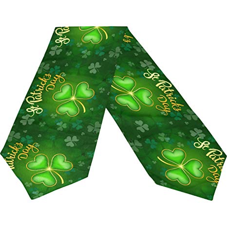 Green Shamrock Clovers Leaf Golden Long Table Runner Cloth 13x90 Inch, Happy St Patrick's Day Green Shamrock Clover Lucky Table Runner Placemat for Kitchen Dining Wedding Home Decor Gift Housewarming