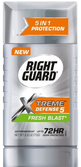 Right Guard Xtreme Defense 5 Antiperspirant Deodorant, Fresh Blast, 2.6 Ounce (Pack of 6) Packaging may vary