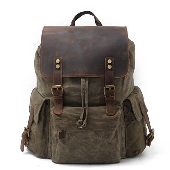 SUVOM Vintage Canvas Leather Laptop Backpack College School Bookbag Travel Rucksack 15.6 Inch Waterproof