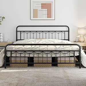 Yaheetech King Size Metal Bed Frame with Vintage Headboard and Footboard, Farmhouse Metal Platform Bed, Heavy Duty Steel Slat Support, Ample Under-Bed Storage, No Noise, No Box Spring Needed, Black