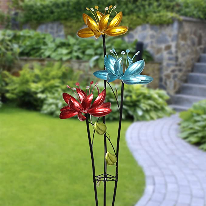 Exhart Triple Lotus Flower Wind Spinners Garden Stake – 3 Metallic Flower Spinners in Colorful Yellow, Blue, and Red Metal Design Spin - Yard Art Décor, 17 by 53 Inches
