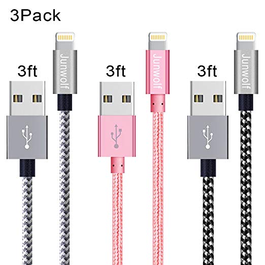 Junwolf Lightning Cable,3 Pack 3FT iPhone Charger Cable Nylon Braided iPhone 6 Charger Cable Charging for iPhone X/8Plus/8/7Plus/7/6sPlus/6s/6/5S/SE, iPad 4, iPad Air 1/2, iPad Mini 1/2/3