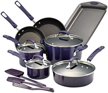 Rachael Ray Hard Porcelain Enamel Nonstick Cookware Set, 14-Piece, Purple Gradient