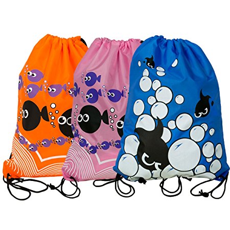 BINGONE Drawstring Bag Oxford Fabric Kid Cartoon Backpack 13.6 x 17 inch Set of 3