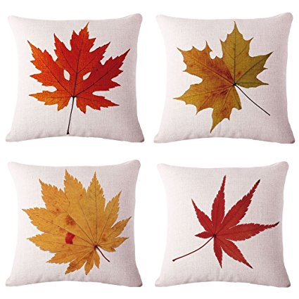 Maple Leaves Throw Pillow Covers Cotton Linen Cushion Covers Square Decorative Pillow Covers  for Sofa Couch Bed and Car Set of 4 (18"x18", Maple)