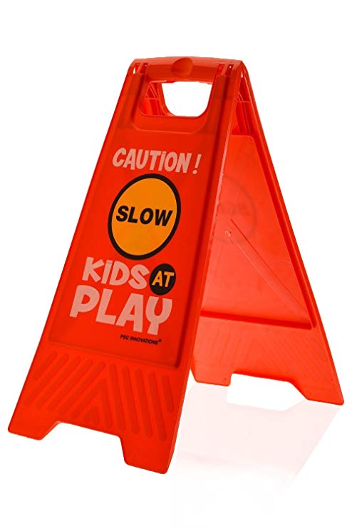 Kids Playing Safety Floor Sign for Yards and Driveways (Double-Sided, Red) - "Caution, Slow, Kids at Play"