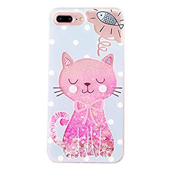 Crystal Liquid Flowing Glitter Blue Pink Kitty Case for Apple iPhone 7Plus 8Plus 7  8  Large Size 5.5" Screen Protective Shock Proof Chic Cute Lovely Shiny Sparkling Girls Teens Women (Fish Cat)