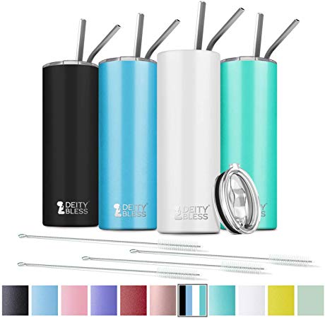 4 Pack Stainless Steel Skinny Tumbler, 20 OZ Double-Insulated Water Tumbler Cup With Lid and 8 Straw, Vacuum Travel Mug Gift for Hot Cold Drinks with Cleaning