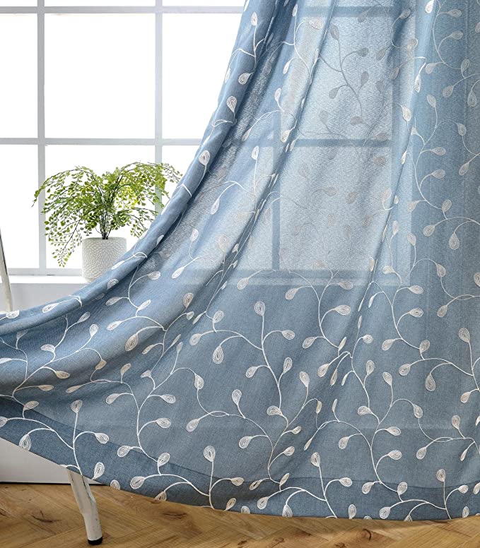 MIUCO Floral Embroidered Semi Sheer Curtains Faux Linen Grommet Curtain Set for Bedroom 52 x 95 Inch, Dusty Blue