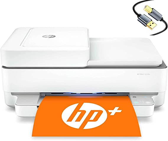 HP Envy 6458e All-in-One Wireless Color Inkjet Printer, White - Print Copy Scan - 10 ppm, 4800 x 1200 dpi, Auto 2-Sided Printing, 35-Sheet ADF, Dual-Band WiFi, Hi-Speed USB, Cbmou Printer_Cable