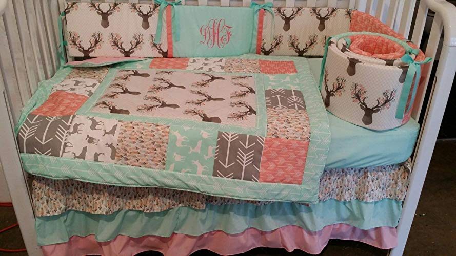 Woodland 1 to 4 Piece baby girl nursery crib bedding Quilt, bumper, and bed skirt, Buck, deer, fawn, head silhouette, Arrow, Teepee, Aztec Mint, Coral, Gray, Pink