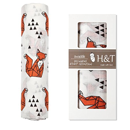 H&T Extra Soft Eco-friendly Organic Bamboo Muslin Baby Swaddles Blanket,47"x47"(1 pack) Fox