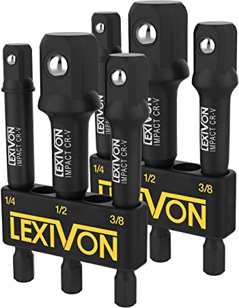 LEXIVON [2-Pack] Impact Grade Socket Adapter Set, 3" Extension Bit With Holder | 3-Piece 1/4", 3/8", and 1/2" Drive, Adapt Your Power Drill To High Torque Impact Wrench (LX-101X2)