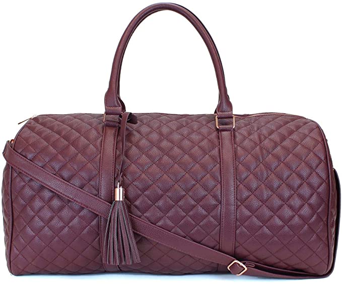 Women's Quilted Leather Weekender Travel Duffel Bag With Rose Gold Hardware - Large 22" Size - Cute Satin Inner Lining - Dark Red
