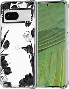 MOSNOVO Case for Google Pixel 7, [Buffertech 6.6ft Military-Grade Drop Protection] [Anti Peel Off Tech] Clear TPU Bumper Phone Case Cover Design - Black White Tulips