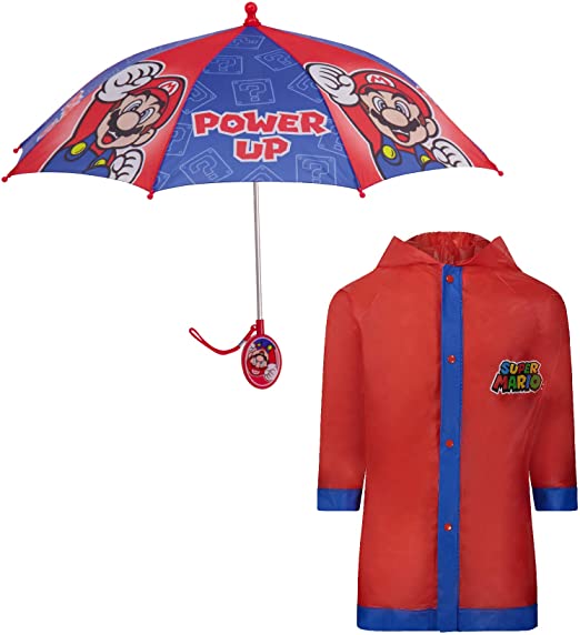 Nintendo Kids Umbrella and Slicker, Super Mario Toddler Boy Rain Wear Set, for Ages 4-7