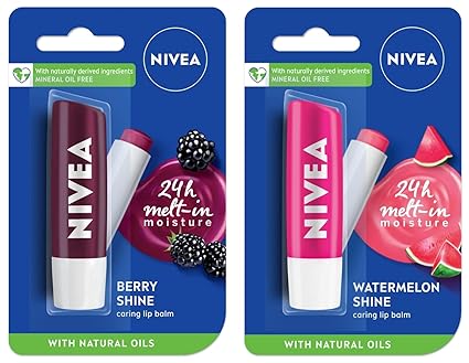 NIVEA Lip Balm, Fruity Watermelon Shine, 4.8g & Nivea Lip Balm, Fruity Berry Shine, 4.8G,Purple