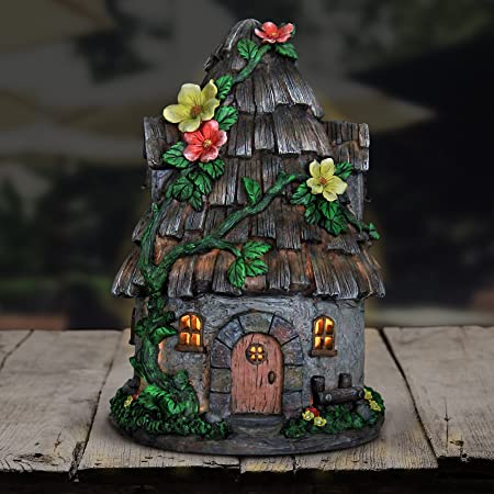 Exhart Gardening Gifts - Shingled Roof Fairy House - Whimsical Garden Statues w/Solar Garden Lights, Outdoor Use, Fairy Themed Garden Décor, Weather Resistant Resin Statues