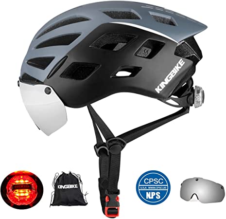 KINGBIKE Bicycle Helmet CPSC Certified Detachable Eye Shield Goggles(Silver Mirror Tint,100% UV400 Protection,Can Over The Glasses) + Helmet Backpack Men Women,Safety LED Light