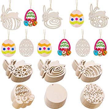 Chuangdi 60 Pieces Easter Wooden Embellishments Egg and Bunny Shape Hanging Ornaments with Twine for Easter Party Decorations