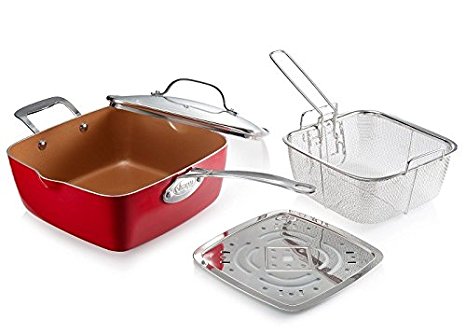 Gotham Steel Titanium Ceramic 9.5” Non-Stick Copper Deep Square Frying & Cooking Pan With Lid, Frying Basket, Steamer Tray, 4 Piece Set - Red