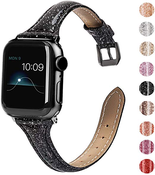 Wearlizer Black Thin Leather Compatible with Apple Watch Slim Bands 38mm 40mm for iWatch Womens Mens Strap Classic Wristband Slim Replacement (Stainless Steel Black Clasp) Series 5 4 3 2 1 Sport