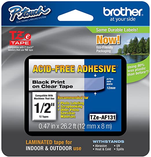 Brother Genuine P-touch TZE-MQG35 Tape, 1/2" (0.47") Wide Standard Laminated Tape, Black on Clear, Laminated for Indoor or Outdoor Use, Water-Resistant, 0.47" x 26.2' (12mm x 5M), TZEMQG41