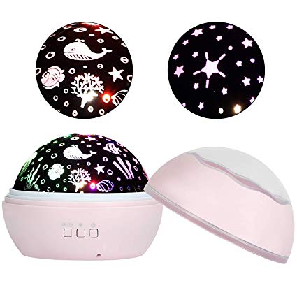 Acecharming Ocean World/Star Night Light Projector, 360 Degree Rotating Projection Light Lamp with 2 Projector Films, 8 Colors Mode, 4 LED Bulbs for Baby, Nursery, Kids and Children(Pink)