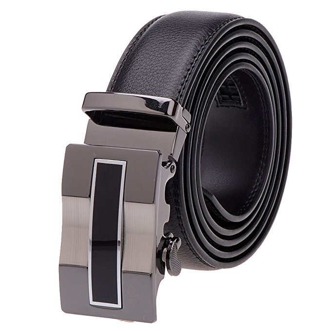 Vbiger Men's Leather Belt Sliding Buckle 35mm Ratchet Belt Black