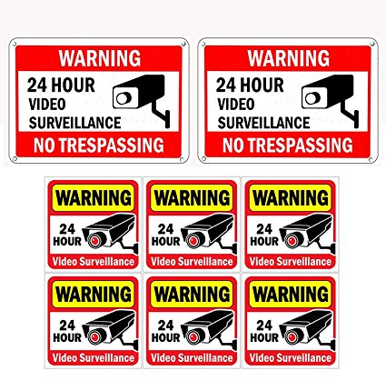 WISLIFE Video Surveillance Sign Set, 2 (10" X 7") Aluminum Warning Signs & 6 (6"X6") Window Stickers, Video Security Signs