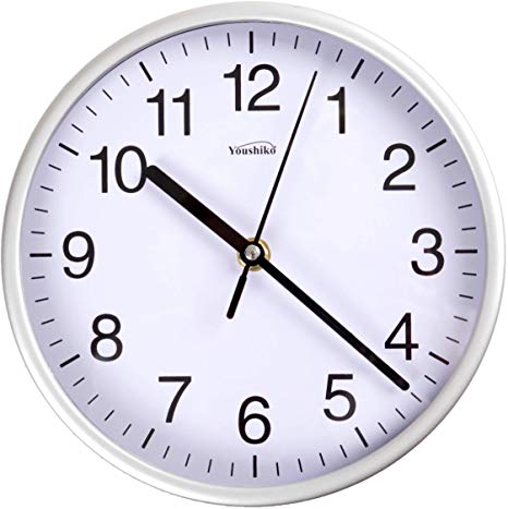 Stylish Silver & White Bold Classic Quartz Wall Clock Non Ticking Silent (20cm / 8-Inch Diameter), Home/Kitchen/Office/School Clock, Easy to Read