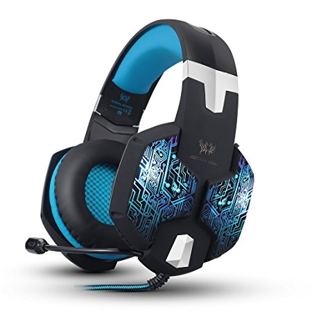 FEEMIC Stereo Gaming Headset with Microphone - 3.5mm Over Ear Headphones -LED Lights & Volume Control on Ear Cups for PC,MAC (Blue)