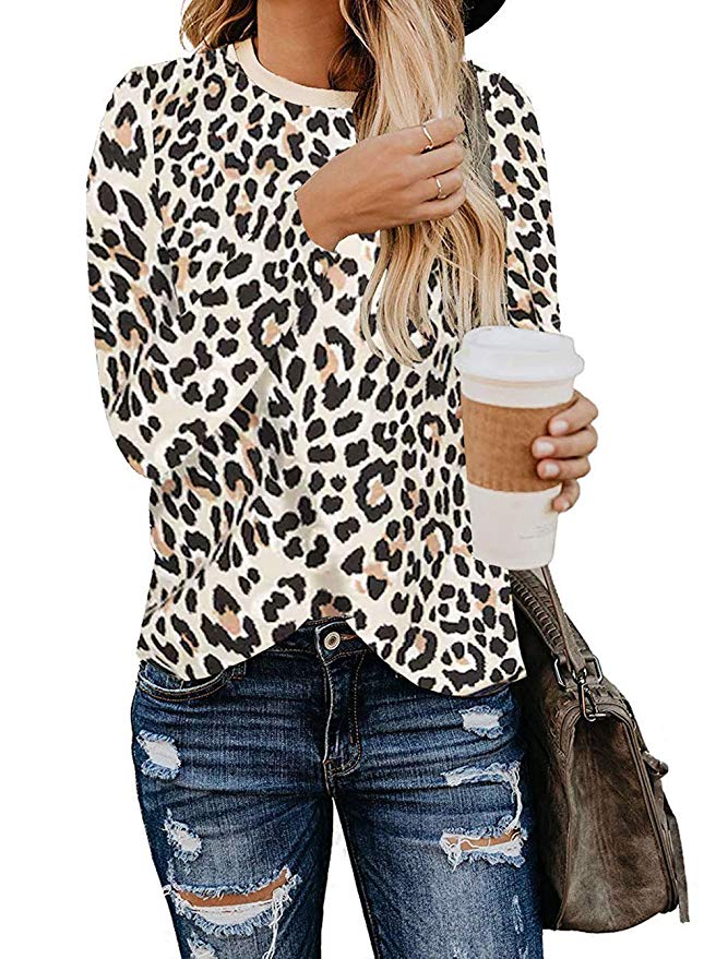 BTFBM Women's Leopard Print Long Sleeve Crew Neck Fit Casual Sweatshirt Pullover Tops Shirts
