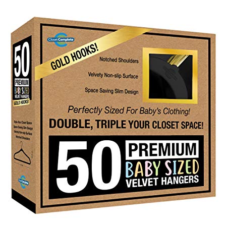 Closet Complete Baby Velvet Hangers, Premium Quality, True-Heavyweight, Virtually-UNBREAKABLE, Ultra-Thin, Space Saving No-Slip, Perfect Size for Babies 0-48 months 360° SPIN, Gold Hooks, Black 50pc