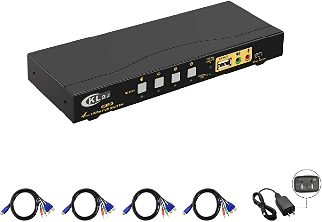 CKLau 4 Port HDMI KVM Switch with Cables, USB 2.0 Hub and Audio Control 4 Computers/DVR/NVR, 4KX2K@30Hz Support Keyboard Mouse Switching for Windows, Mac, Linux, Debian, Fedora, Raspbian, Ubuntu