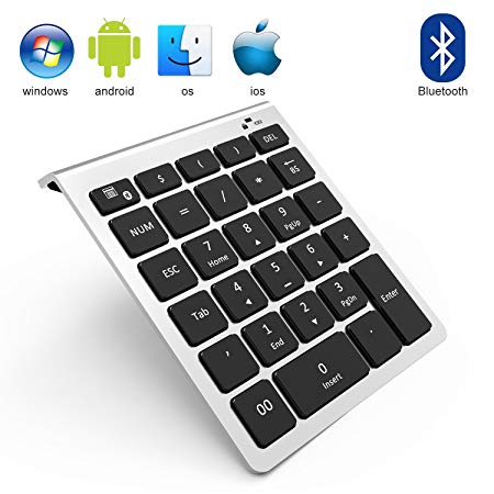 Bluetooth Number Pad, Vive Comb 28-Key External Numeric Keypad with Shortcuts Numpad for Laptop, Desktop, PC, Notebook-Black and Silver