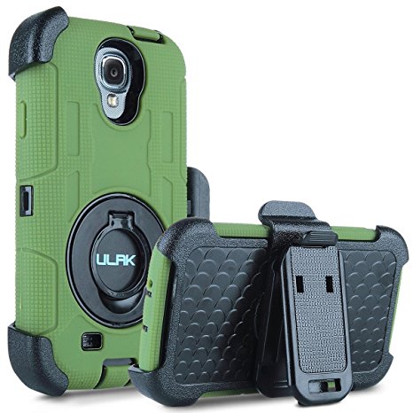 Galaxy S4 Case, S4 Case - ULAK Knox Armor Shockproof Hybrid Rugged Rubber Holster Case Defensive Cover for Samsung Galaxy S4 IV i9500 w/ Swivel Locking Belt Clip Kickstand -Army Green/Black