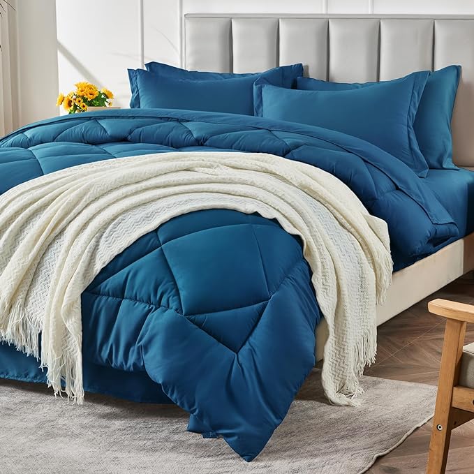 CozyLux King Bed in a Bag 7-Pieces Comforter Sets with Comforter and Sheets Teal All Season Bedding Sets with Comforter, Pillow Shams, Flat Sheet, Fitted Sheet and Pillowcases